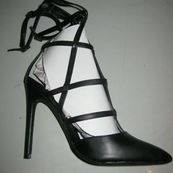 Liliana Black Calf-High Pointy Toe Open Back Caged Heel Gisele-90 Size 8 NIB - Picture 5 of 7